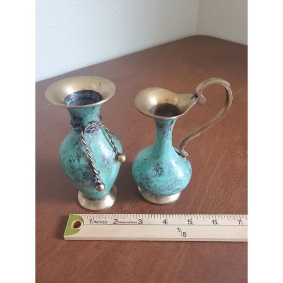Vintage Solid Brass & Enamel Blue Mini Vase & Pitcher Made In India‎ 5.5" - Picture 10 of 10